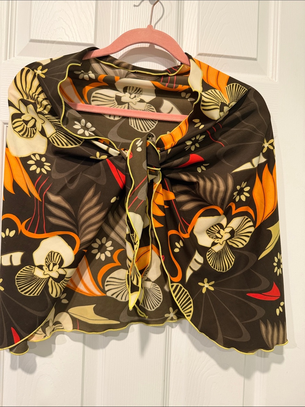 Floral Brown Swim Sarong Cover-Up with Orange Accents- Retro
